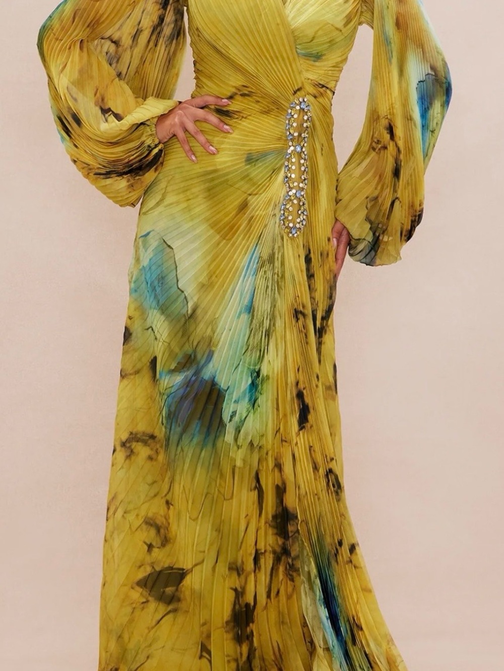 Fashion Nova Yellow Pleated Maxi Dress with Blue & Black Watercolor Accents